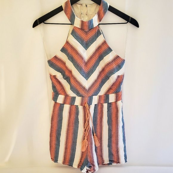 Crystal Sky Pants - Crystal Sky White and Multi Colored Stripped Halter Back Zip-Up Romper Size S
